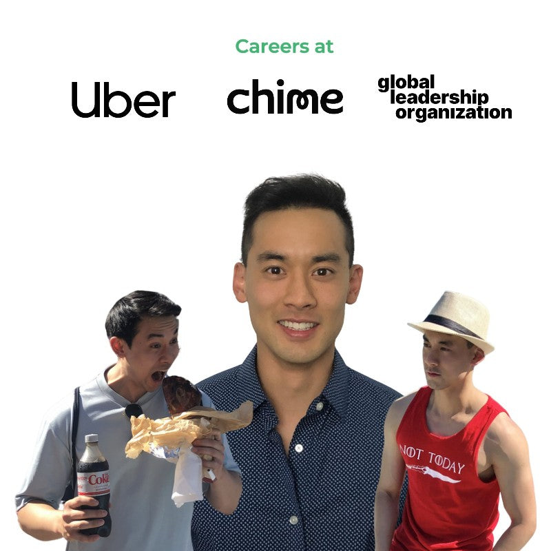 White photo collage of Allen Wang, the founder of Sheet and Prompt, and his careers at Uber, Chime Financial, and Global Leadership Organization