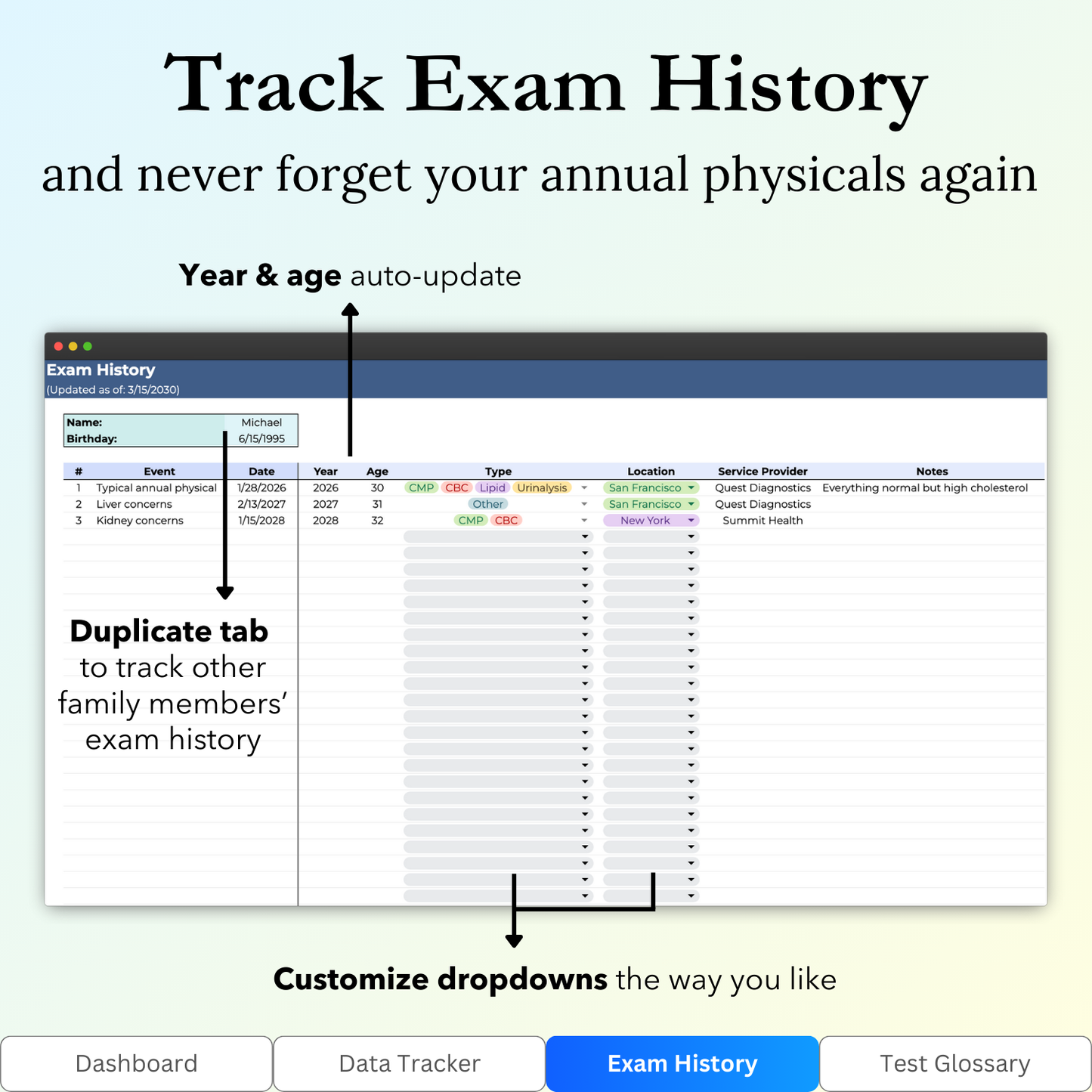 Key features of the "Exam History" tab in the Annual Physical Exam Tracker Google Sheets template