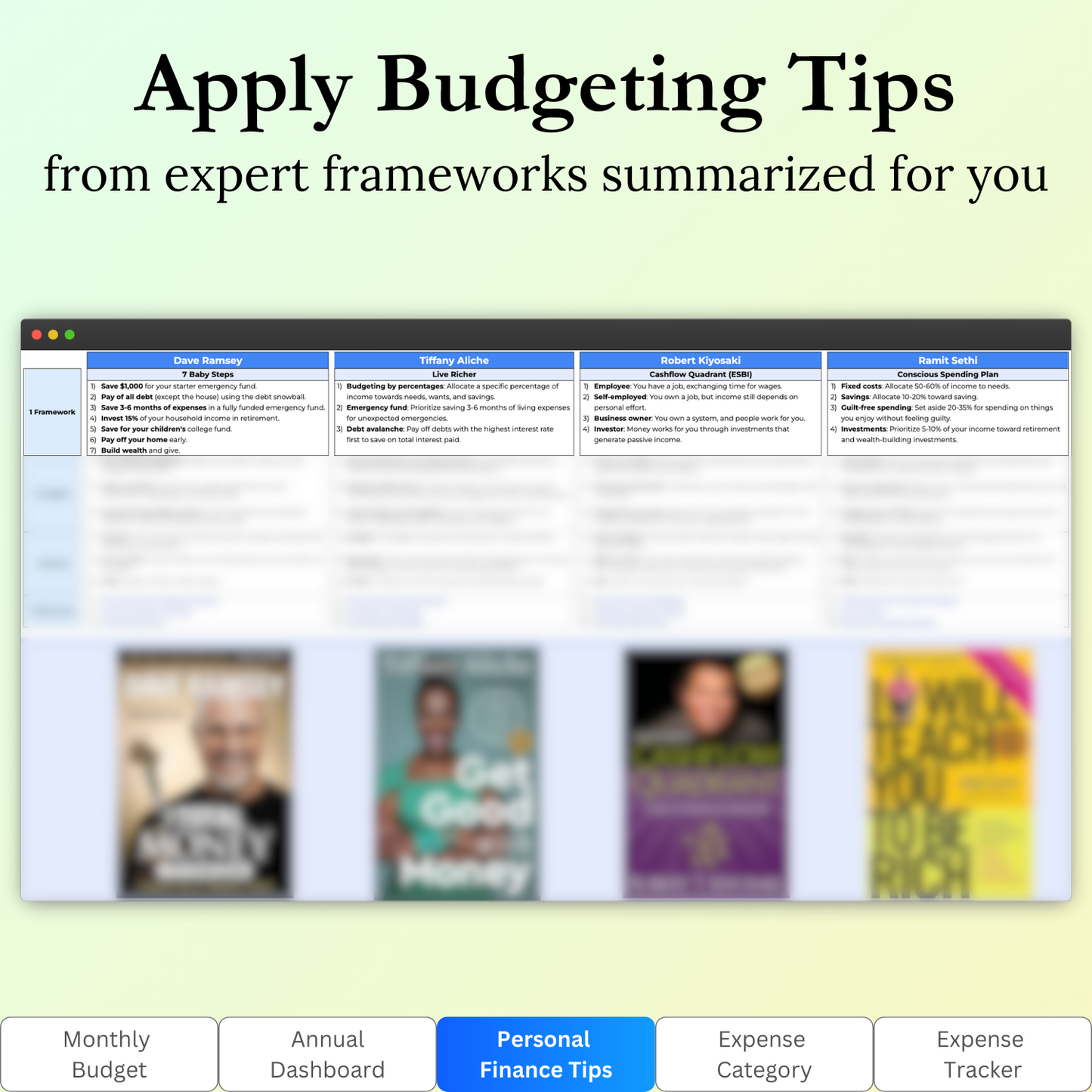 Key features of the "Personal Finance tips" tab in the Budget Tracker Google Sheets template