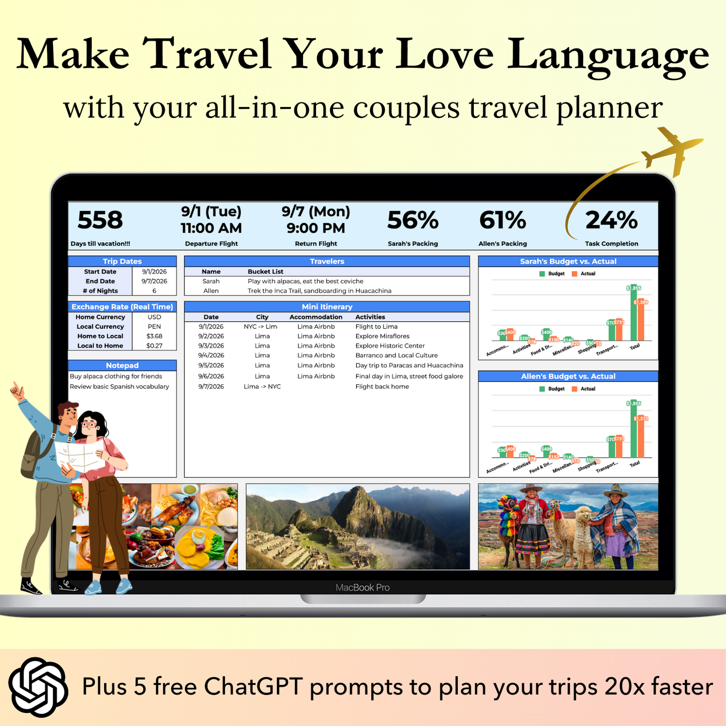 Couples Travel Planner Google Sheets template with 5 ChatGPT prompts to help couples plan trips efficiently, create itineraries, research activities, budget expenses, pack thoroughly, compare accommodations, manage tasks, and track reservations