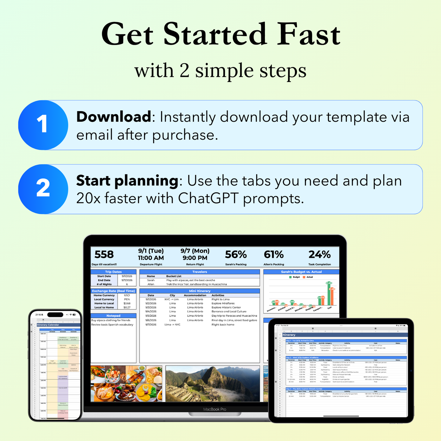 Simple steps to get started fast with the Couples Travel Planner Google Sheets template