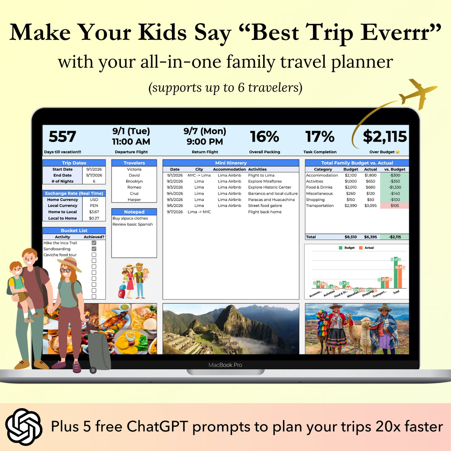 Family Travel Planner Google Sheets template with 5 ChatGPT prompts to help families plan trips efficiently, create itineraries, research activities, budget expenses, pack thoroughly, compare accommodations, manage tasks, and track reservations