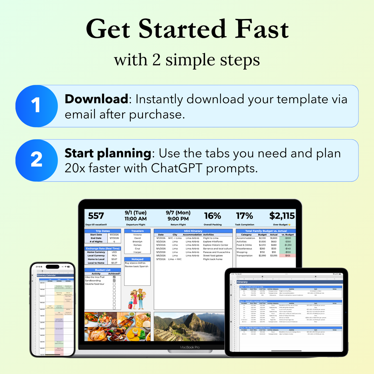 Simple steps to get started fast with the Family Travel Planner Google Sheets template
