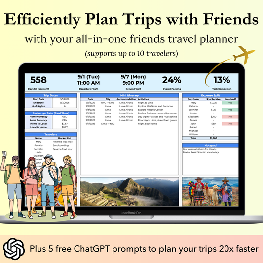 Friends Travel Planner Google Sheets template with 5 ChatGPT prompts to help group travelers plan trips efficiently, create itineraries, research activities, budget expenses, pack thoroughly, compare accommodations, manage tasks, and track reservations