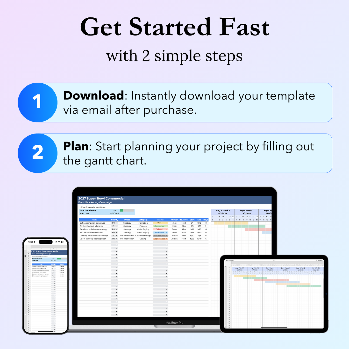 Simple steps to get started fast with the Gantt Chart Project Planner Google Sheets template