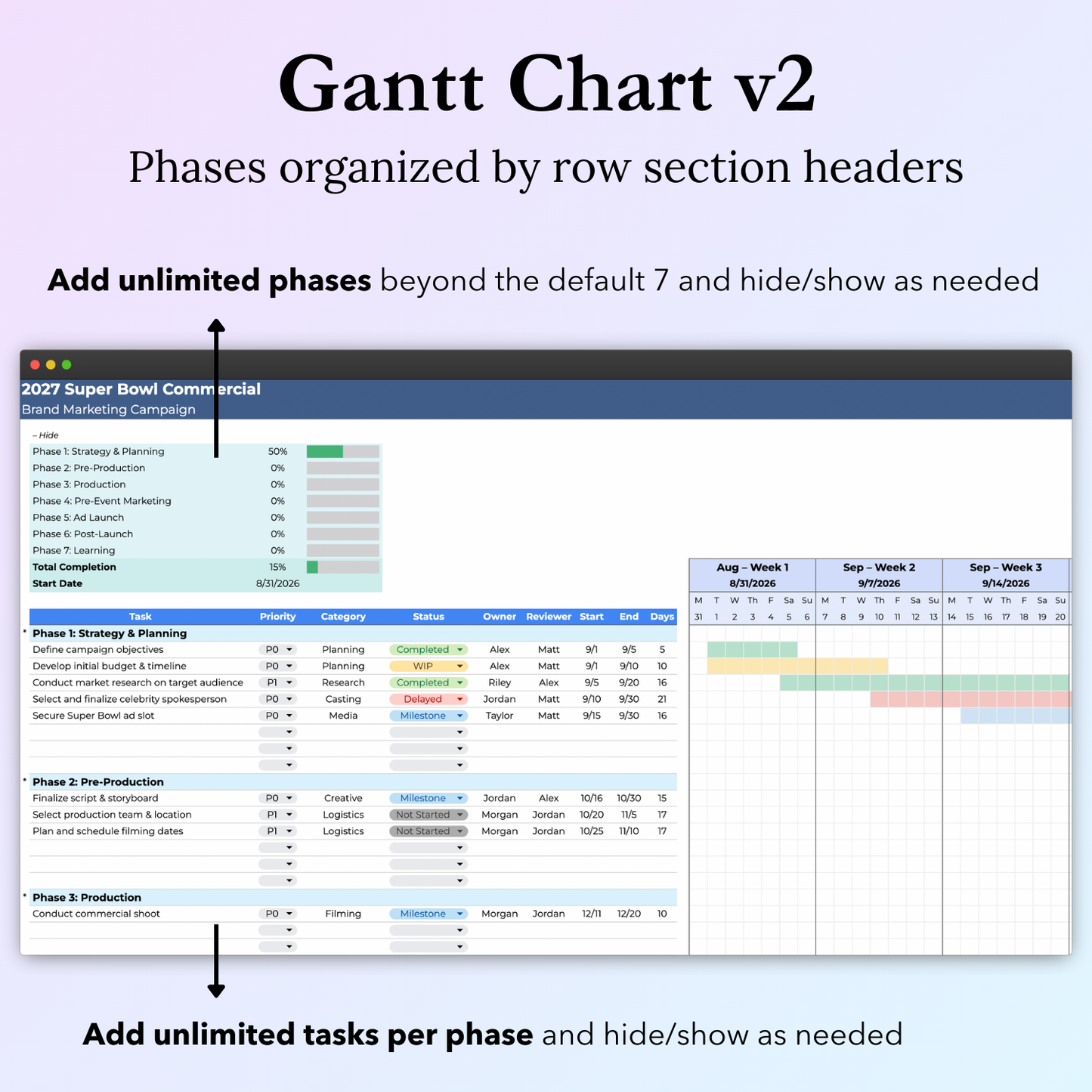 Gantt Chart Project Planner Google Sheets template version 2, which organizes phases with row section headers