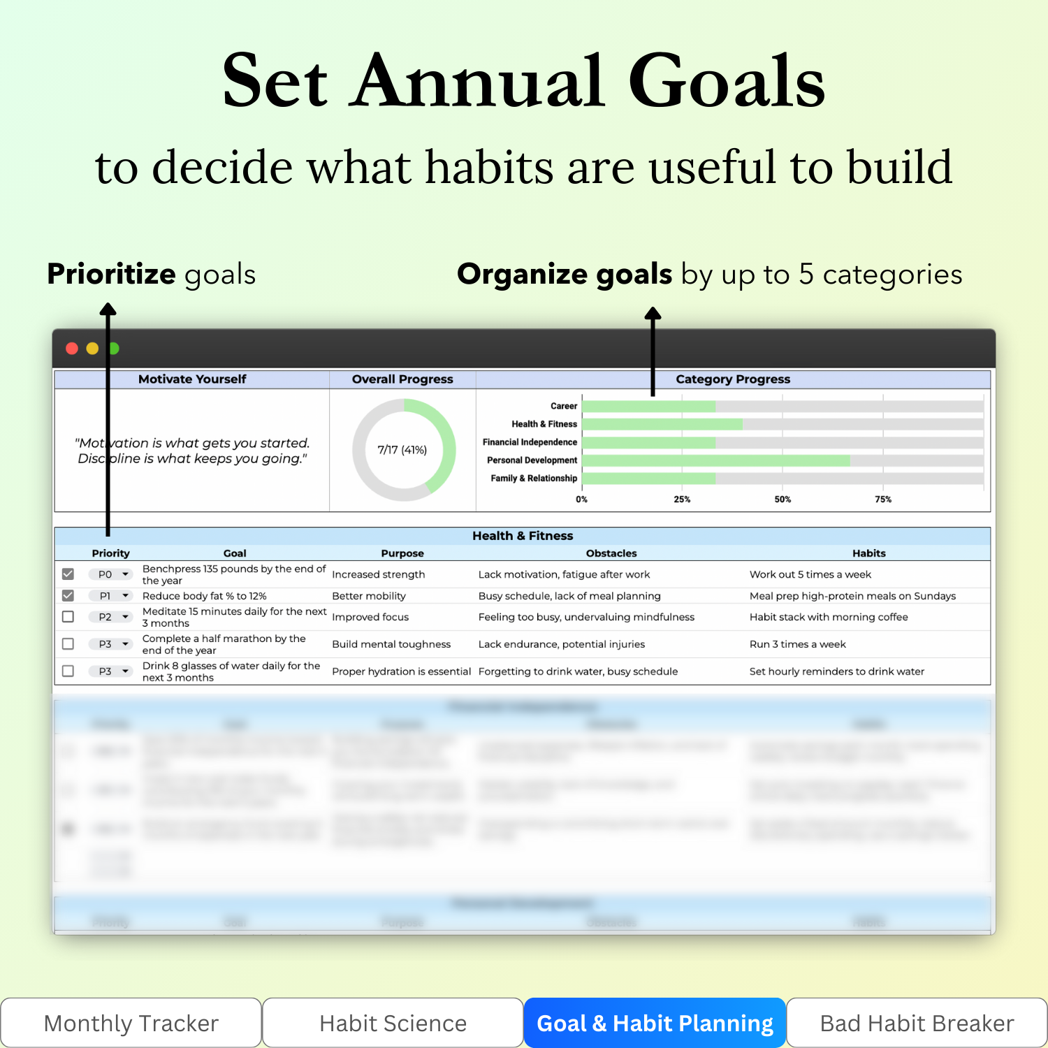 Key features of the "Goal & Habit Planning" tab in the Habit Tracker Google Sheets template
