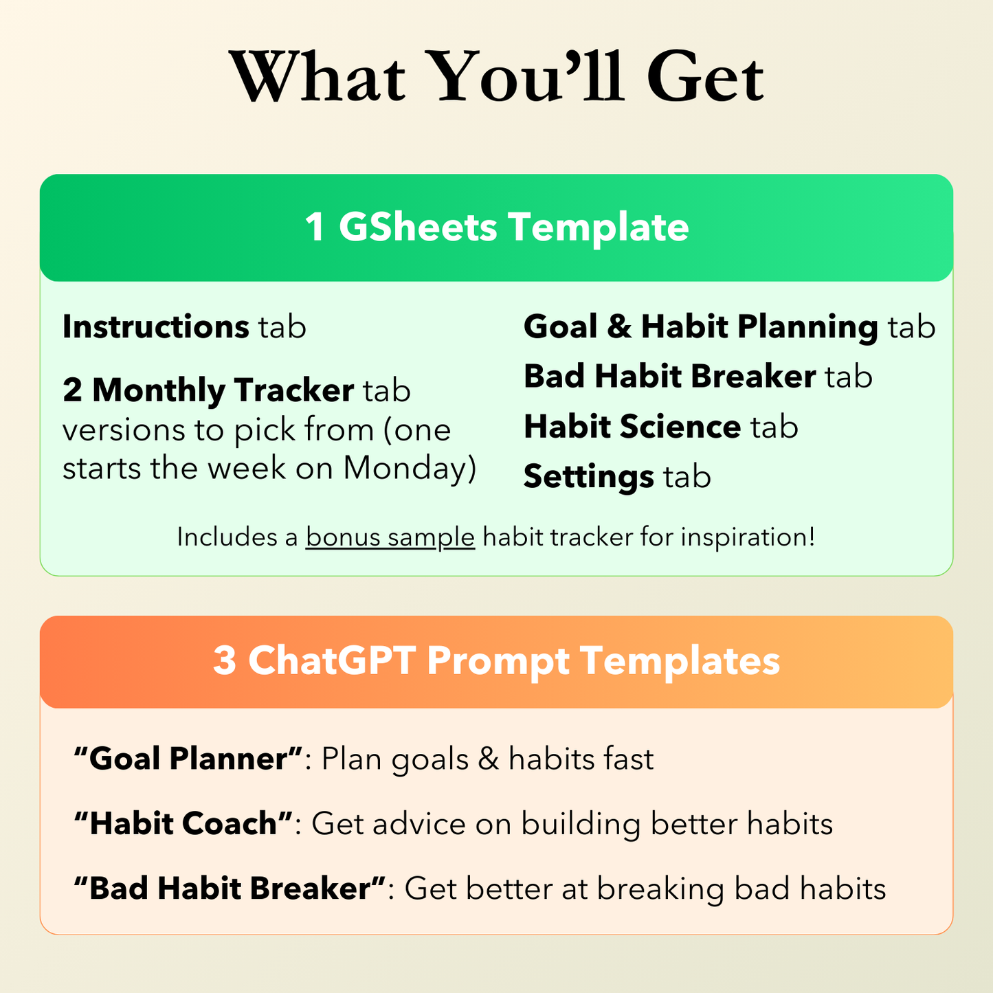 What you'll get in the Habit Tracker Google Sheets template