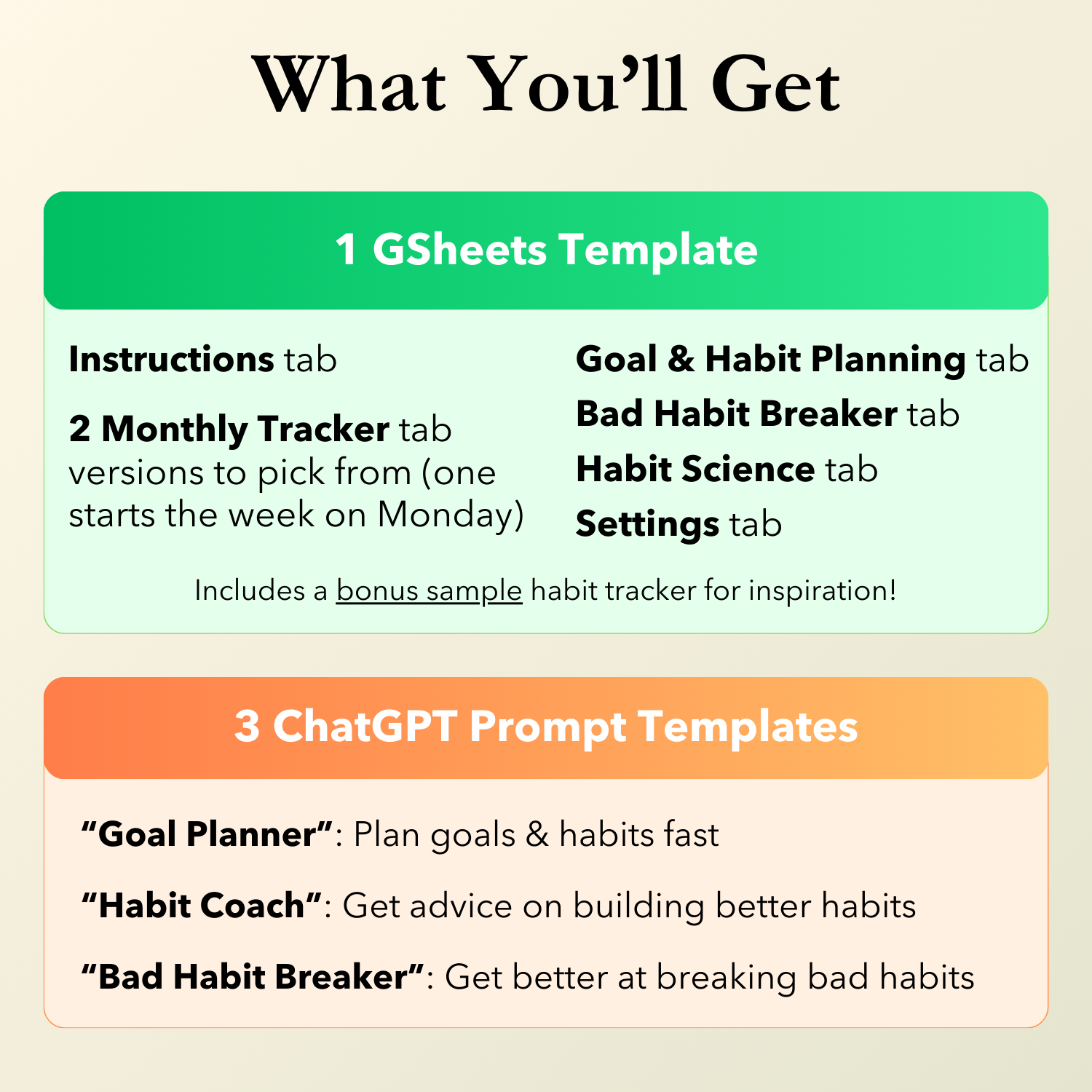 What you'll get in the Habit Tracker Google Sheets template