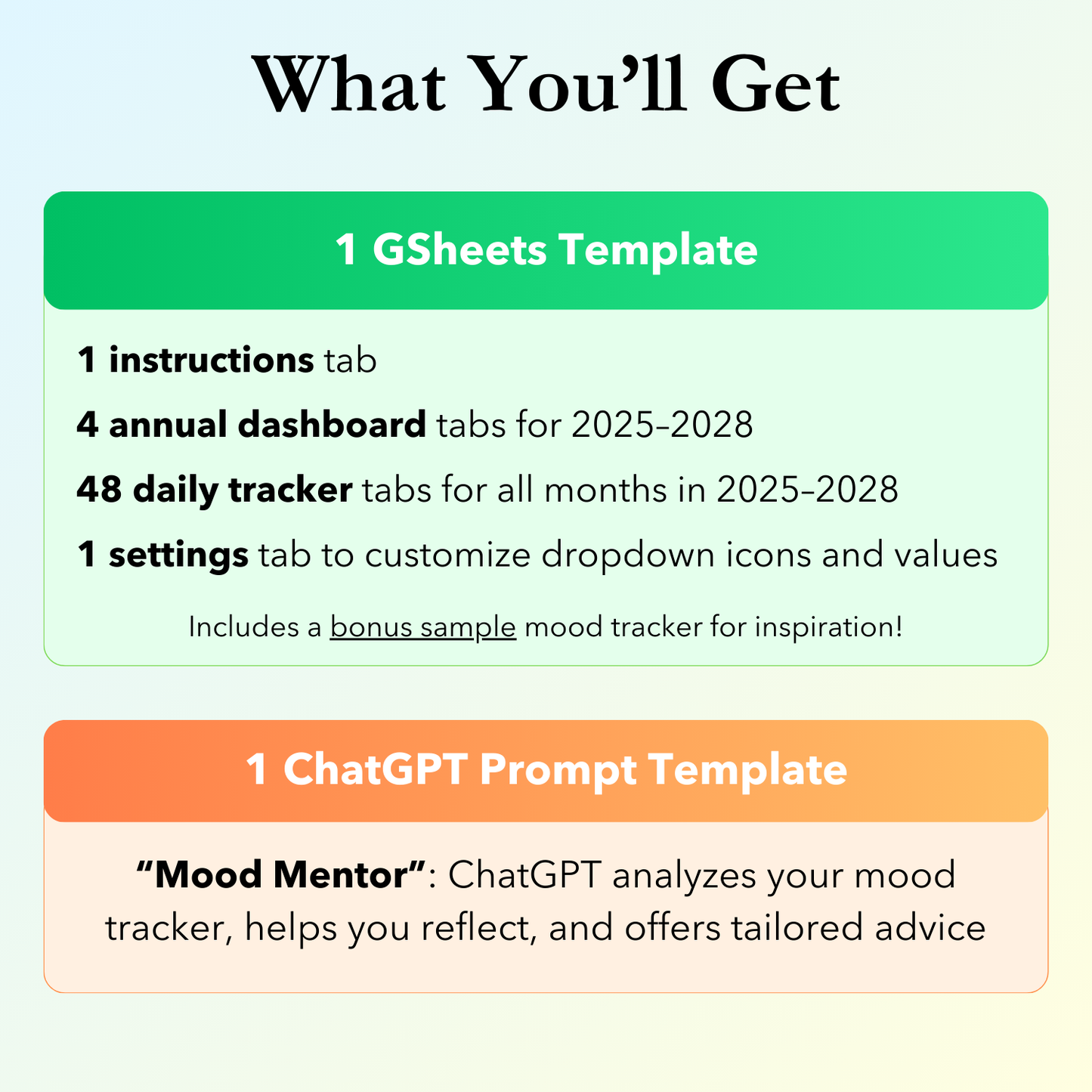What you'll get in the Mood Tracker Google Sheets template