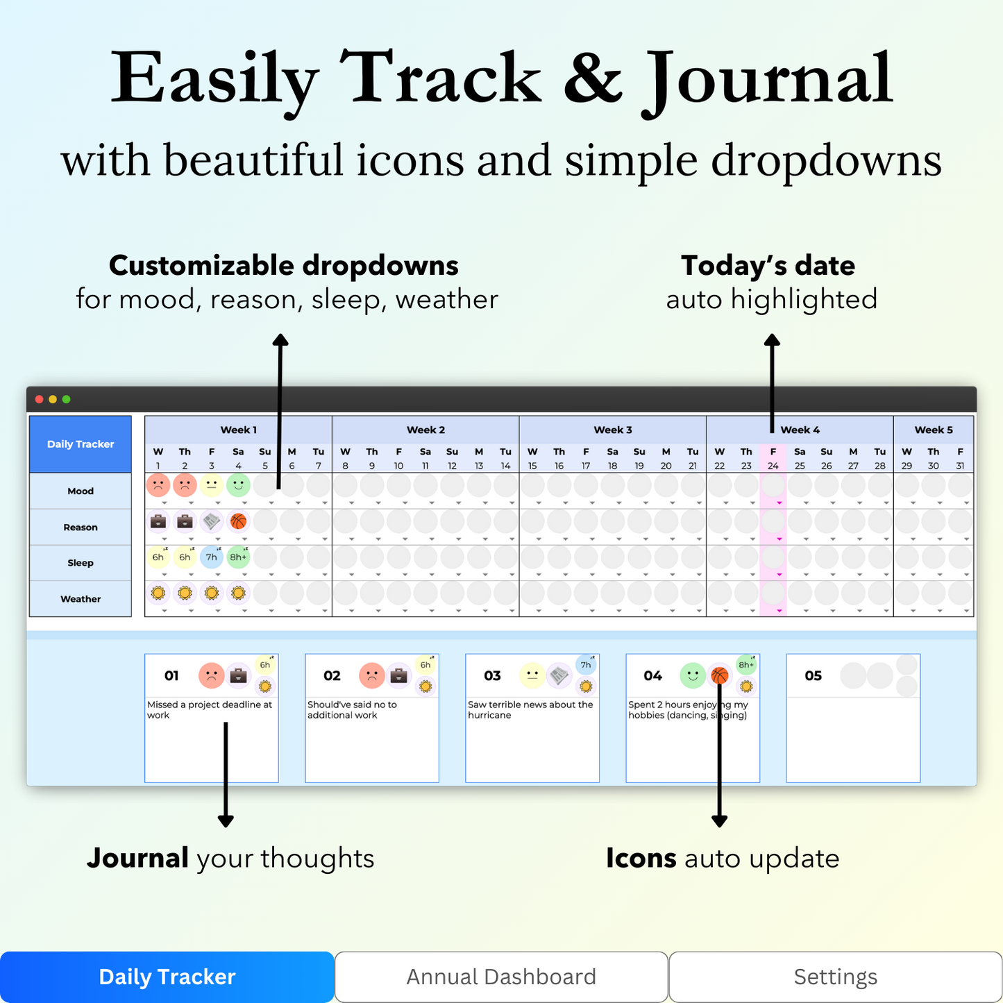 Key features of the "Daily Tracker" tab in the Mood Tracker Google Sheets template