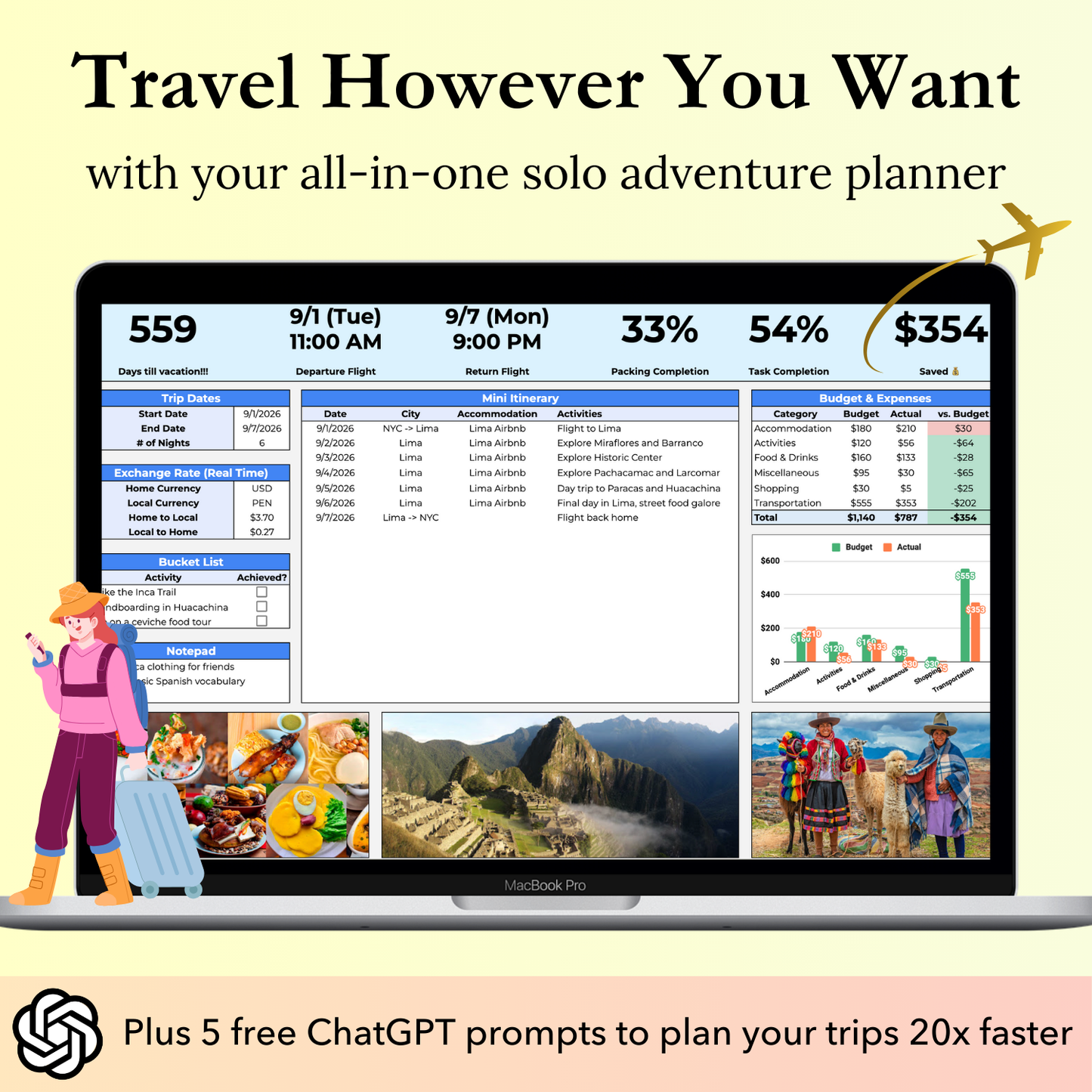 Solo Travel Planner Google Sheets template with 5 ChatGPT prompts to help solo travelers plan trips efficiently, create itineraries, research activities, budget expenses, pack thoroughly, compare accommodations, manage tasks, and track reservations