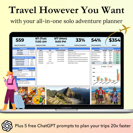Solo Travel Planner Google Sheets template with 5 ChatGPT prompts to help solo travelers plan trips efficiently, create itineraries, research activities, budget expenses, pack thoroughly, compare accommodations, manage tasks, and track reservations