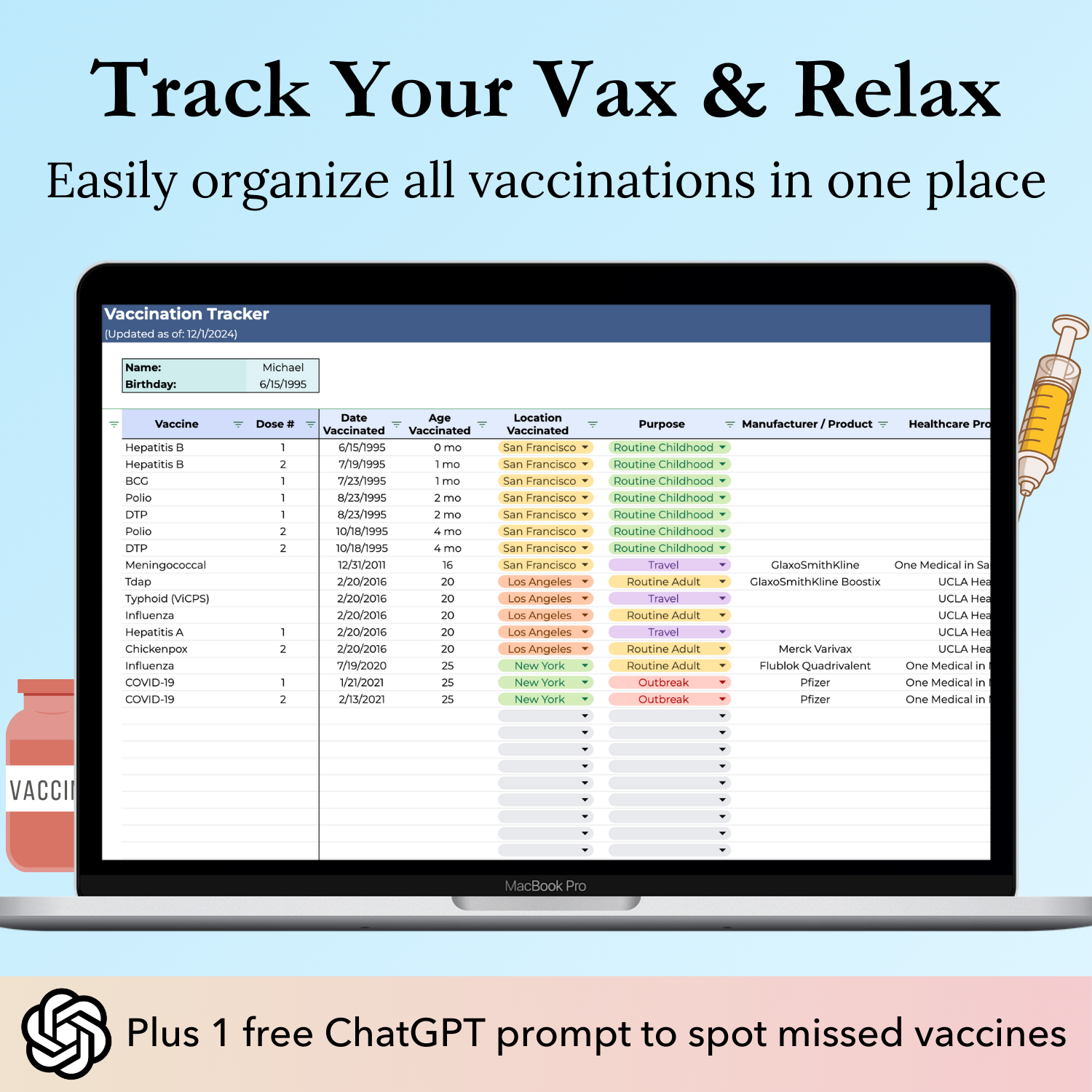 Vaccination Tracker Google Sheets template with a "Vaccine Verifier" ChatGPT prompt to help you spot missed vaccines