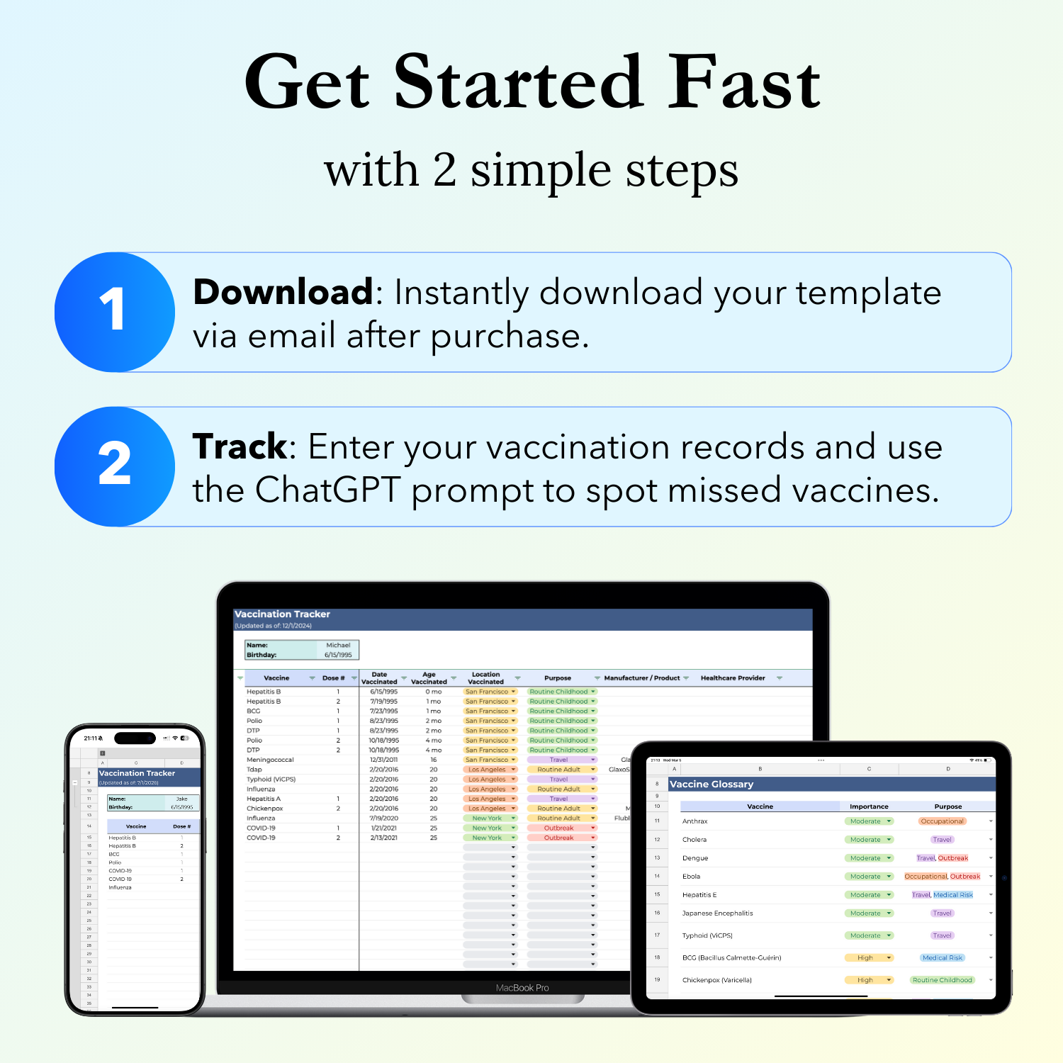 Simple steps to get started fast with the Vaccination Tracker Google Sheets template
