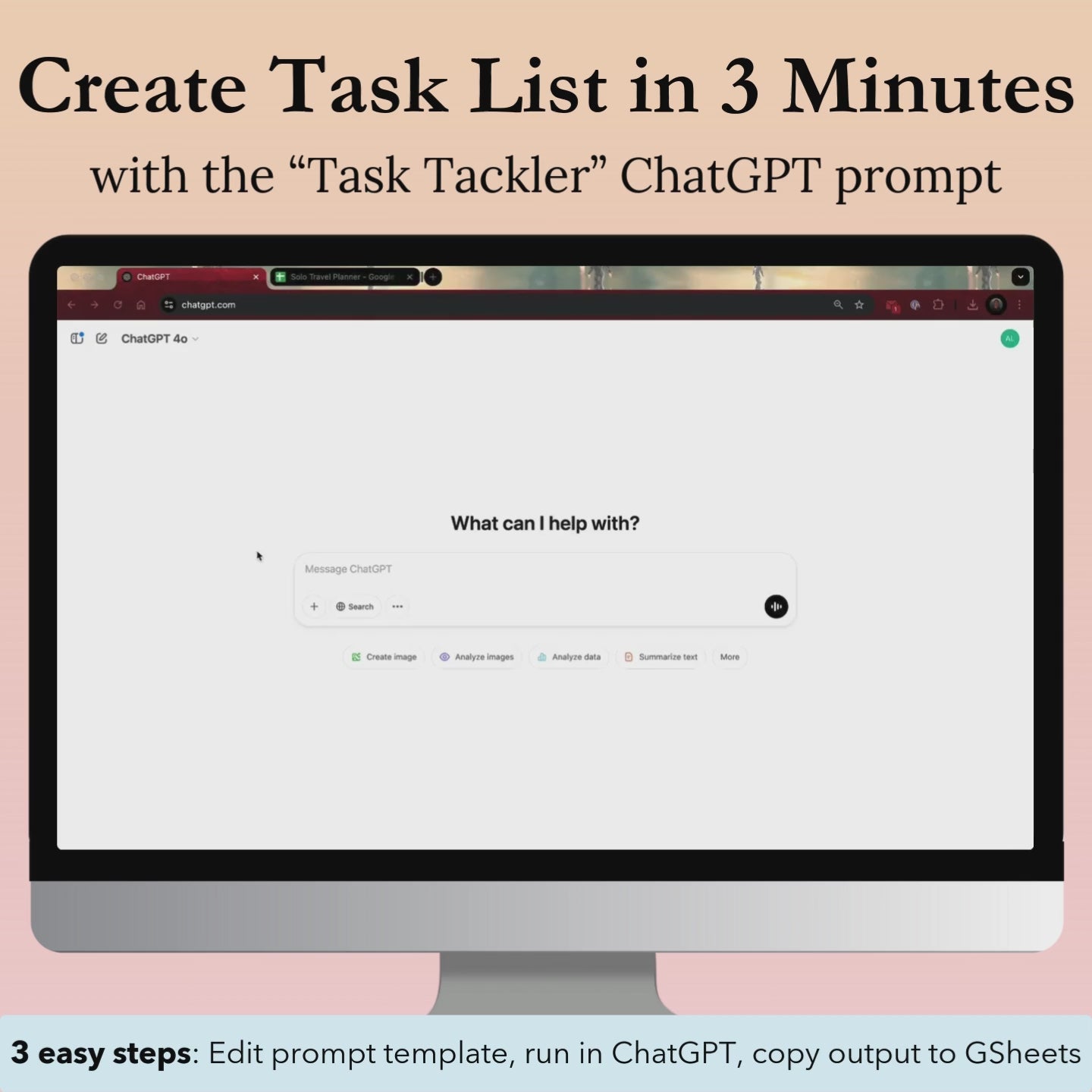 Demo video of the "Task Tackler" ChatGPT prompt, which helps solo travelers create trip task lists fast in 3 minutes