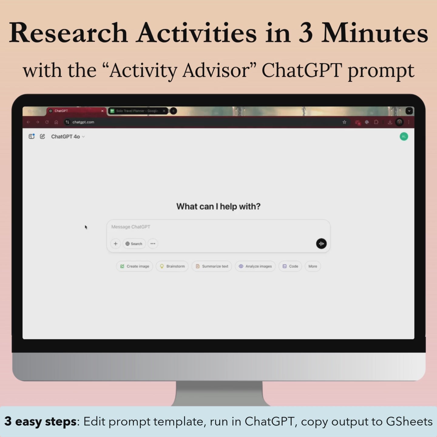 Demo video of the "Activity Advisor" ChatGPT prompt, which helps solo travelers research trip activities fast in 3 minutes