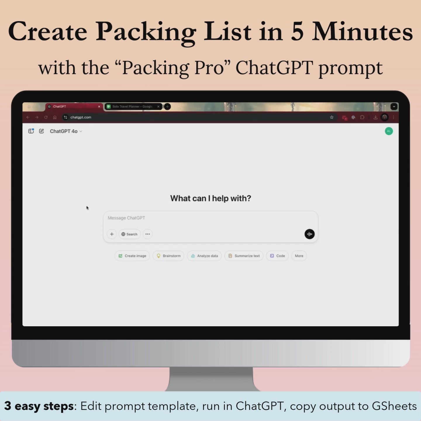 Demo video of the "Packing Pro" ChatGPT prompt, which helps solo travelers create packing lists fast in 5 minutes