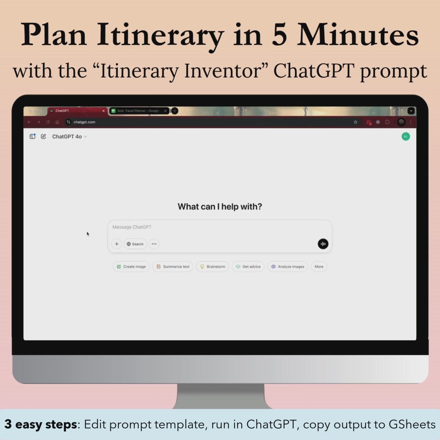 Demo video of the "Itinerary Inventor" ChatGPT prompt, which helps solo travelers plan trip itineraries fast in 5 minutes