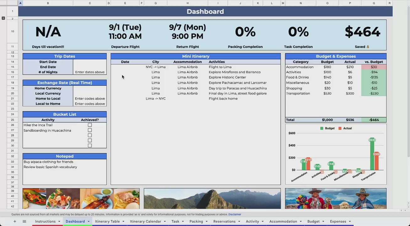 Demo video of the Solo Travel Planner Google Sheets template
